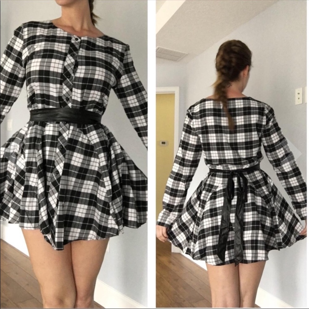 Plaid Pleated Long Sleeves Belted Shirt Dress - Picture 4 of 7